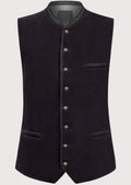 Velvet Trachten Vest Charcoal Men with embroidered stand collar, silver buttons, premium Bavarian waistcoat, Oktoberfest clothing, traditional German fashion.