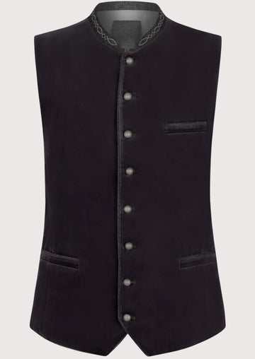 Velvet Trachten Vest Charcoal Men with embroidered stand collar, silver buttons, premium Bavarian waistcoat, Oktoberfest clothing, traditional German fashion.