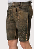 Vintage Bavarian lederhosen shorts for men with decorative embroidery and classic belt buckle