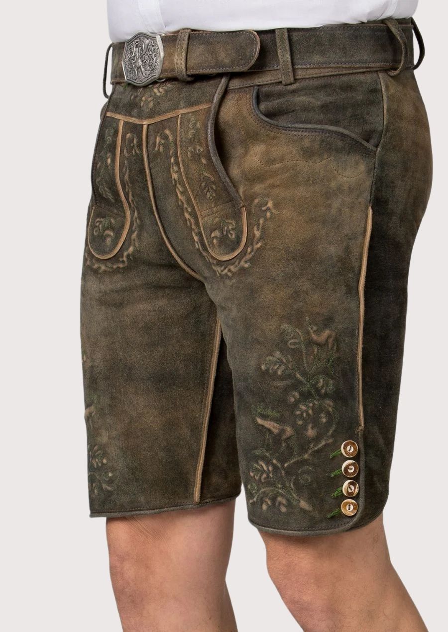 Vintage Bavarian lederhosen shorts for men with decorative embroidery and classic belt buckle