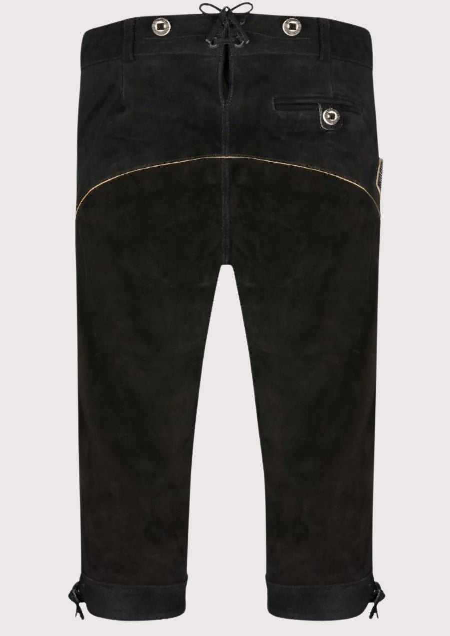 Vintage black Bundhosen with embroidery, suspenders, and classic Bavarian folkwear design