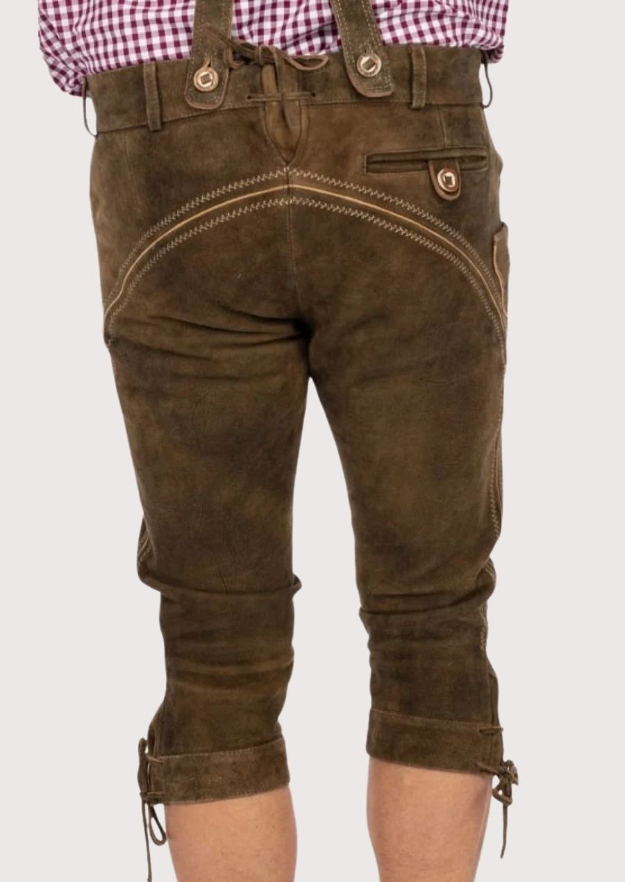 Vintage brown Bundhosen in traditional Bavarian style with premium suede leather and decorative stitching