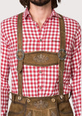 Vintage brown Bundhosen with classic braces, knee-length fit, and ornate Bavarian embroidery