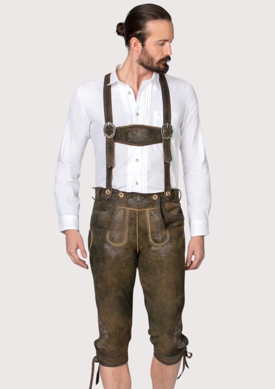 Men's Moss Brown Bundhosen Floral Trim with embroidered front flap, traditional Bavarian craftsmanship, Alpine heritage styling, and Oktoberfest appeal