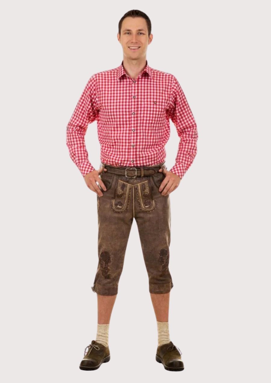 Men's Brown Suede Bundhosen Oak Leaf with embroidered front flap, traditional Bavarian craftsmanship, Alpine heritage styling, and Oktoberfest fashion