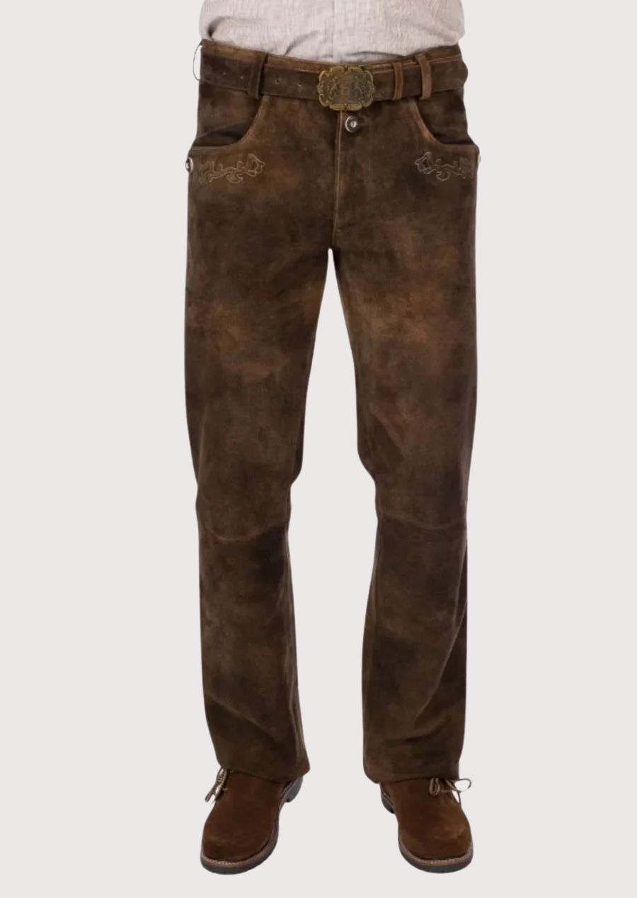 Men's Leather Lederhosen Pants Tobacco Brown made from premium suede leather featuring traditional German craftsmanship, straight-leg fit, Alpine heritage styling, and Oktoberfest fashion design