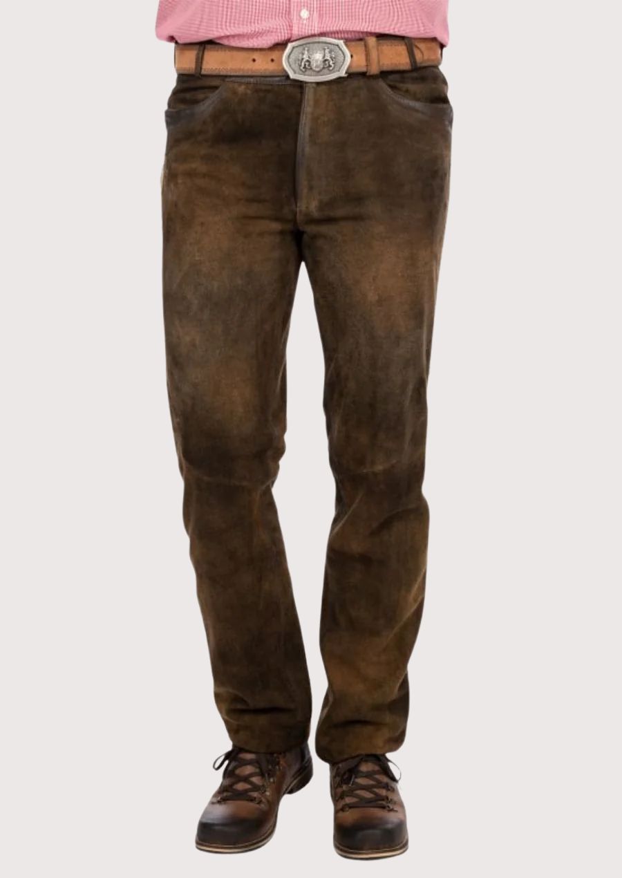 Men's Leather Lederhosen Pants Walnut Vine made from premium suede leather featuring a slim fit design, Bavarian heritage styling, Alpine craftsmanship, and Oktoberfest fashion appeal