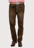 Vintage brown leather trousers for Oktoberfest featuring a slim tailored fit, rustic finish, and traditional Bavarian craftsmanship
