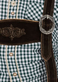 Vintage brown lederhosen heritage outfit with intricate embroidery, suspenders, and traditional Bavarian character