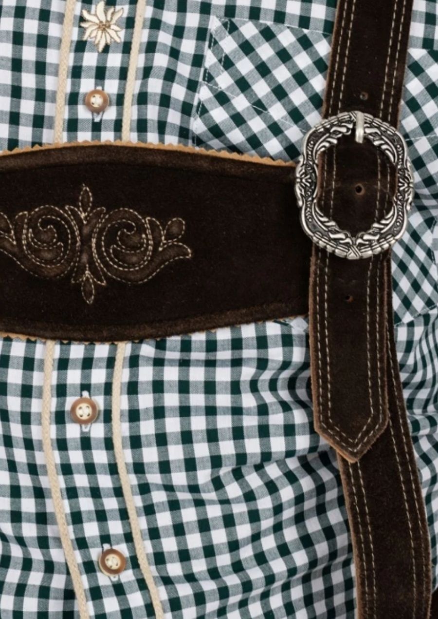 Vintage brown lederhosen heritage outfit with intricate embroidery, suspenders, and traditional Bavarian character