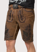 Traditional brown goatskin suede lederhosen styled with a black graphic tee for a modern Bavarian outfit
