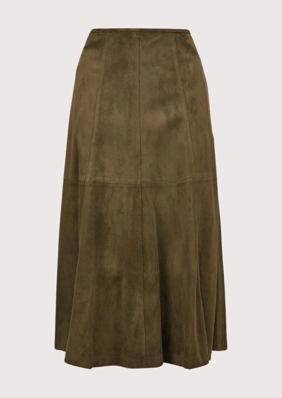 Vintage Brown Midi Skirt with an A-line silhouette, premium suede texture, and elegant wardrobe versatility.
