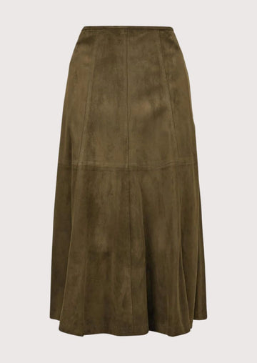 Vintage Brown Midi Skirt with an A-line silhouette, premium suede texture, and elegant wardrobe versatility.