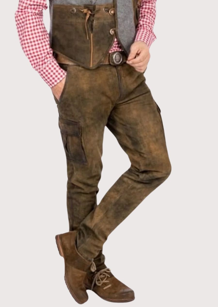Men's Leather Lederhosen Pants Cargo Style made from premium suede leather featuring a utility pocket, rustic Bavarian styling, traditional German craftsmanship, Alpine heritage design, and Oktoberfest fashion appeal