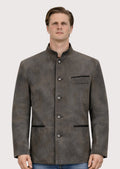 Vintage grey leather Trachten jacket with stand collar, smooth suede finish, front button closure, and traditional alpine design.