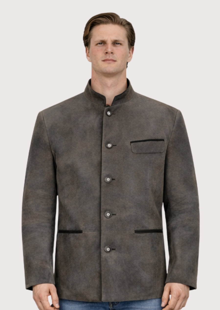 Vintage grey leather Trachten jacket with stand collar, smooth suede finish, front button closure, and traditional alpine design.