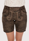Premium German lederhosen leather shorts featuring aged suede finish, Alpine embroidery, and traditional tailoring.