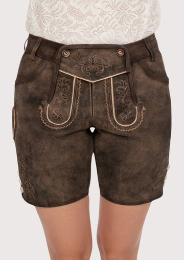Premium German lederhosen leather shorts featuring aged suede finish, Alpine embroidery, and traditional tailoring.