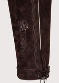Vintage style Bundhosen in rich brown suede showcasing heritage embroidery and classic German design