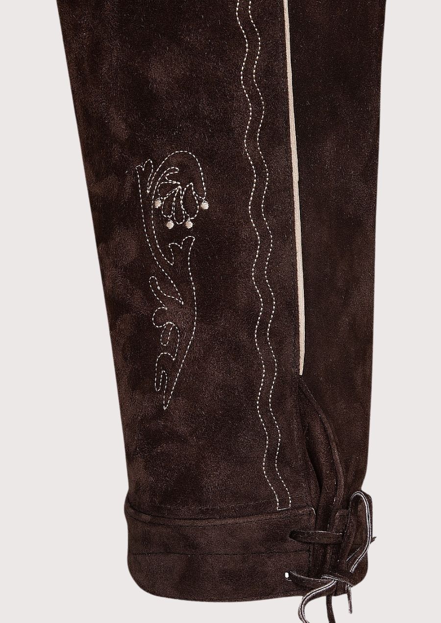 Vintage style Bundhosen in rich brown suede showcasing heritage embroidery and classic German design