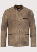 Men's Vintage Suede Bavarian Jacket featuring a stand collar, decorative embroidery, metal buttons, premium leather construction, traditional Bavarian tailoring, Alpine heritage styling, and Oktoberfest fashion appeal