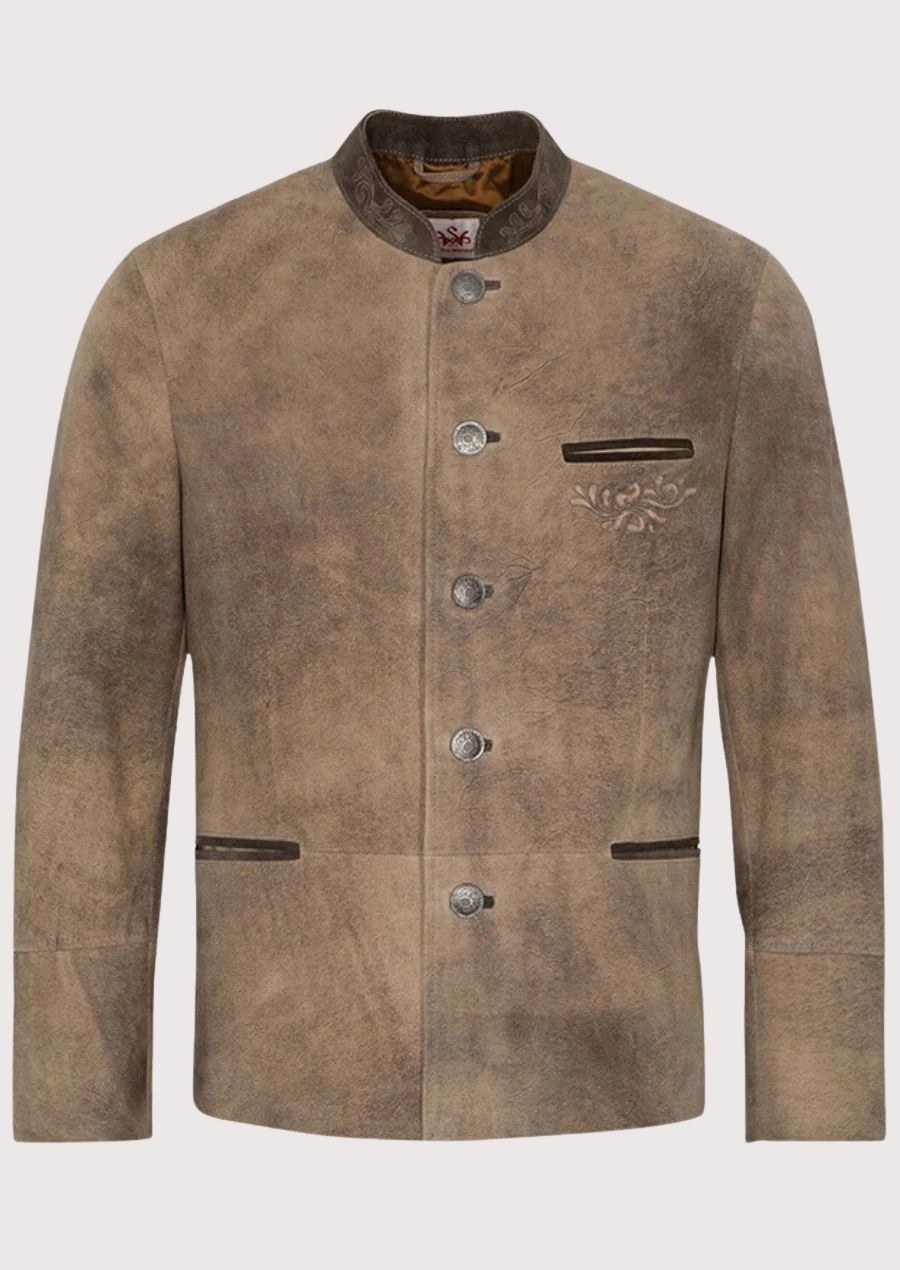 Men's Vintage Suede Bavarian Jacket featuring a stand collar, decorative embroidery, metal buttons, premium leather construction, traditional Bavarian tailoring, Alpine heritage styling, and Oktoberfest fashion appeal