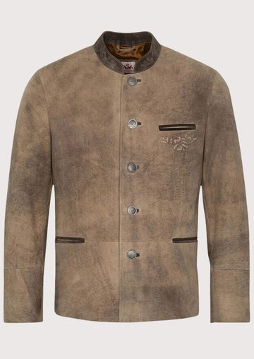 Men's Vintage Suede Bavarian Jacket featuring a stand collar, decorative embroidery, metal buttons, premium leather construction, traditional Bavarian tailoring, Alpine heritage styling, and Oktoberfest fashion appeal