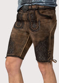 Distressed brown lederhosen shorts with decorative black embroidery and authentic Oktoberfest appeal