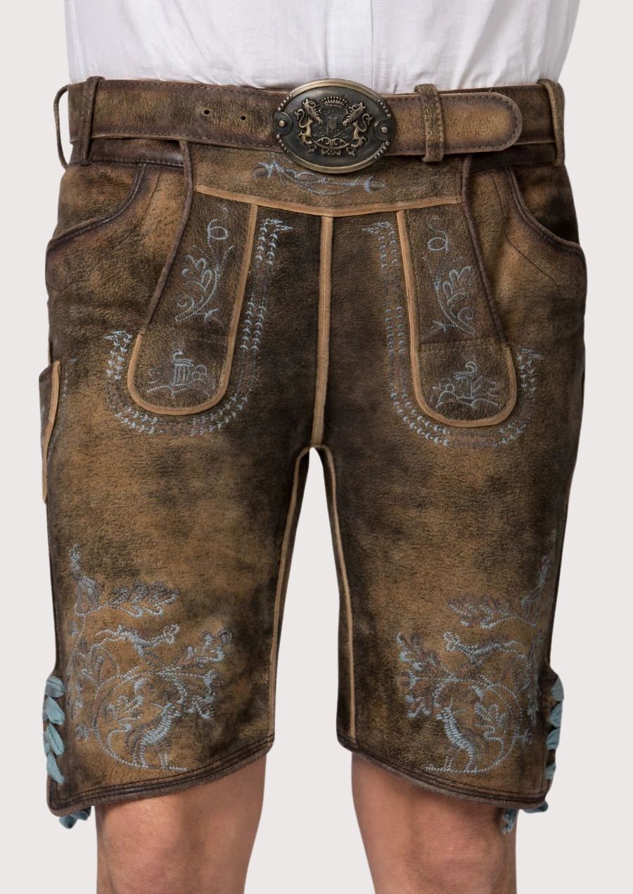 walnut oakleaf suede lederhosen in brown goatskin suede with decorative blue stitching and embossed accents