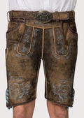 walnut oakleaf suede lederhosen in brown goatskin suede with decorative blue stitching and embossed accents