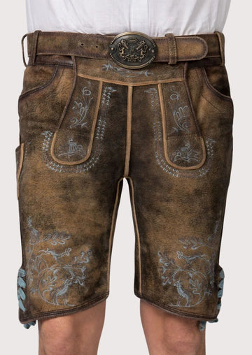 walnut oakleaf suede lederhosen in brown goatskin suede with decorative blue stitching and embossed accents