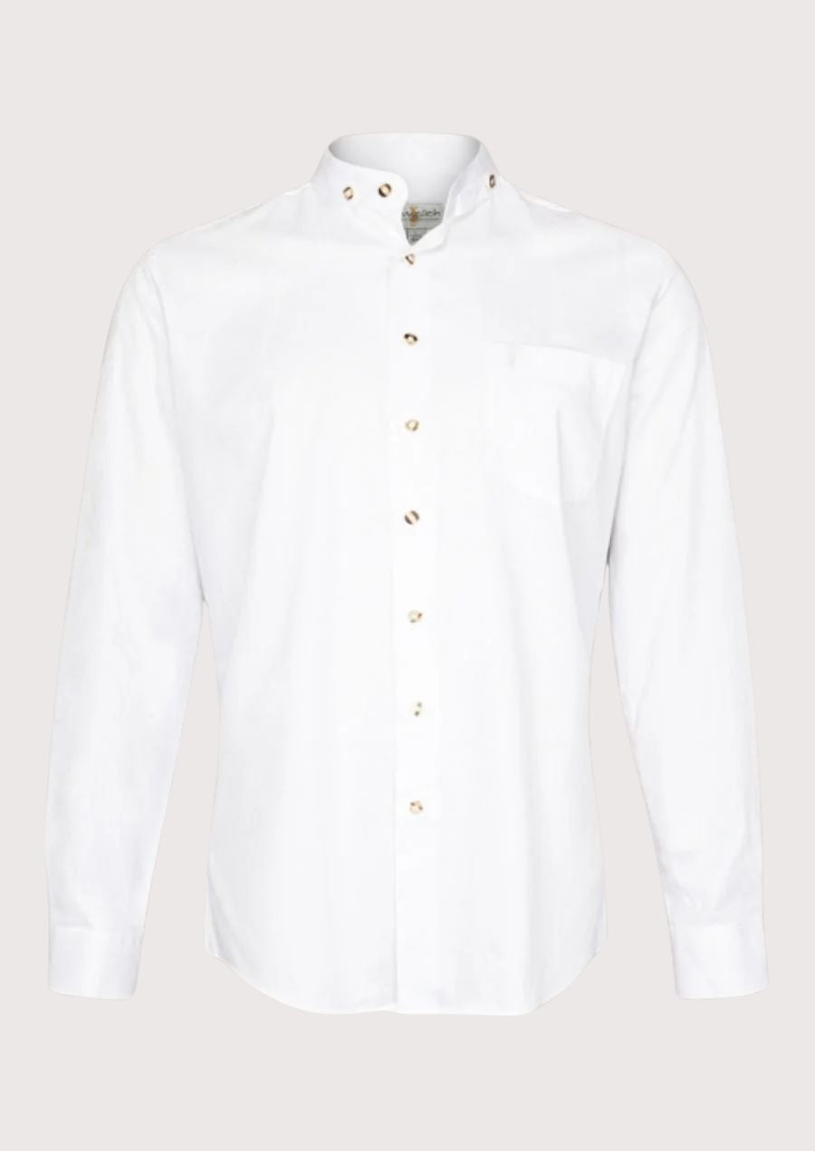 White alpine stand collar shirt for men with stand collar, premium cotton Bavarian shirt, German Oktoberfest clothing, Alpine traditional shirt, men's heritage festival apparel.