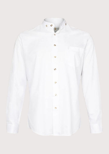 White alpine stand collar shirt for men with stand collar, premium cotton Bavarian shirt, German Oktoberfest clothing, Alpine traditional shirt, men's heritage festival apparel.