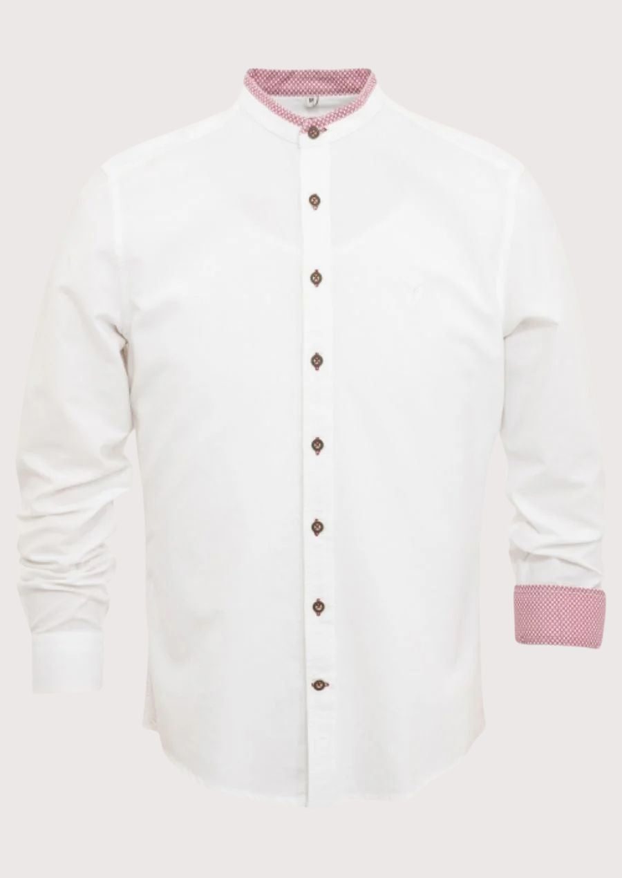 White oktoberfesr badn collar shirt for men with red gingham trim, Bavarian stand collar shirt, premium cotton Oktoberfest shirt, German Alpine clothing, traditional festival shirt.