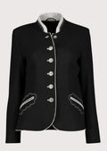 Women's black wool Trachten jacket with silver trim, embroidered pockets, stand-up collar, decorative metal buttons, authentic Bavarian Alpine jacket.
