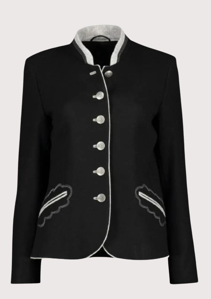 Women's black wool Trachten jacket with silver trim, embroidered pockets, stand-up collar, decorative metal buttons, authentic Bavarian Alpine jacket.