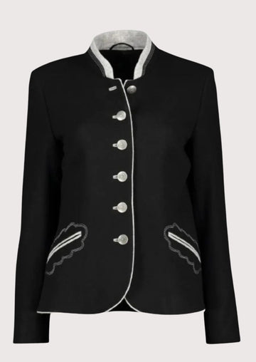 Women's black wool Trachten jacket with silver trim, embroidered pockets, stand-up collar, decorative metal buttons, authentic Bavarian Alpine jacket.