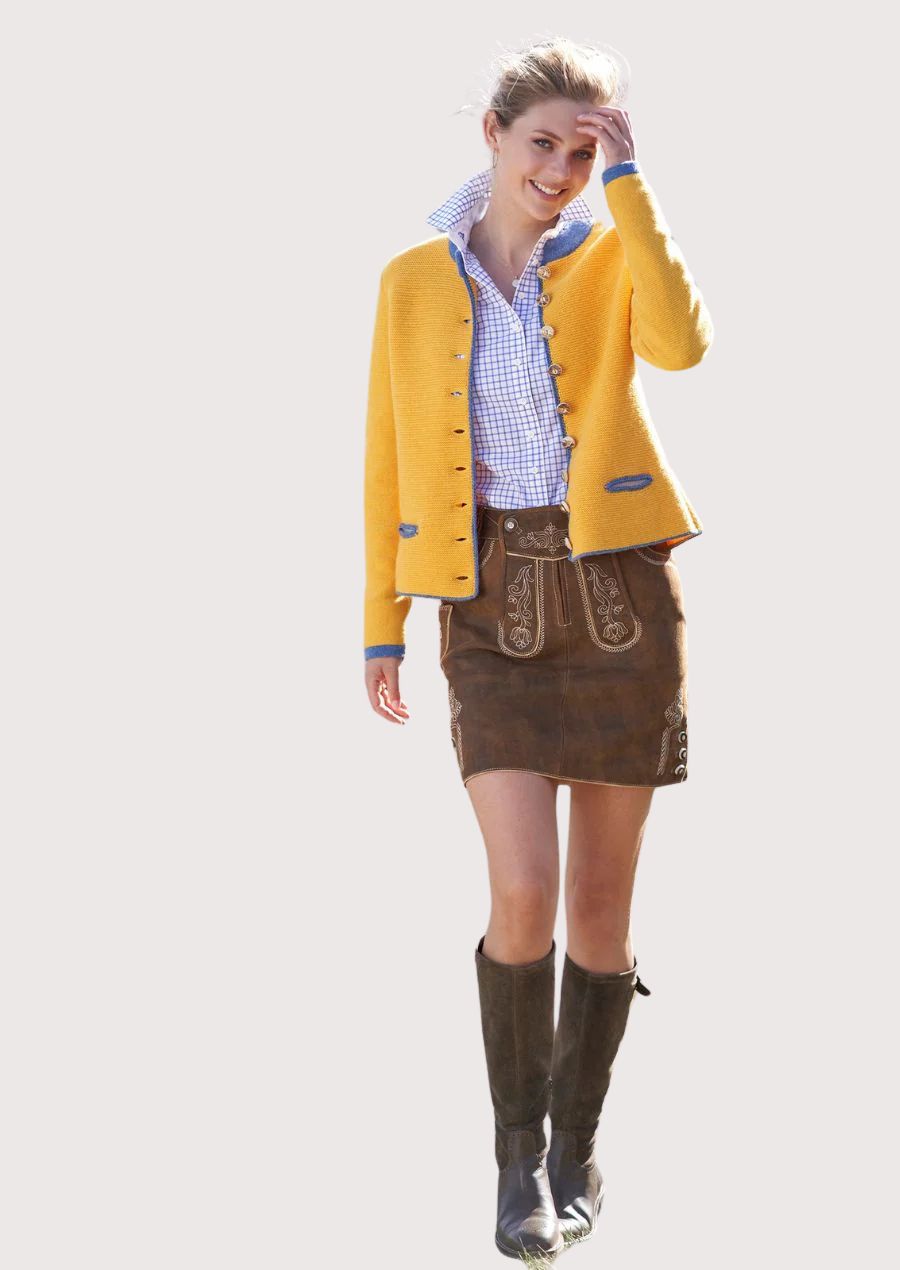 Woman wearing alpine leather skirt with modern outfit styling