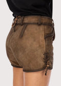 Women's Alpine suede festival shorts crafted from distressed leather with decorative embroidery and folk-inspired details.