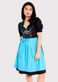 Traditional Bavarian Dirndl dress with a black embroidered bodice, vibrant blue apron, puff sleeves, and authentic German craftsmanship.