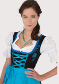 Women's Bavarian Dirndl dress with a black embroidered bodice, bright blue lace-up apron, white blouse, and traditional Alpine folk design.