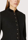 Slim-fit black women’s Bavarian jacket featuring traditional buttons and classic German style.