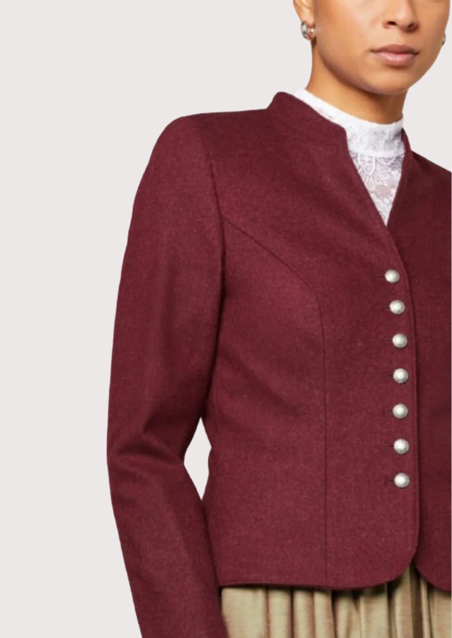 Classic women’s Bavarian jacket in deep burgundy featuring tailored silhouette and heritage design.