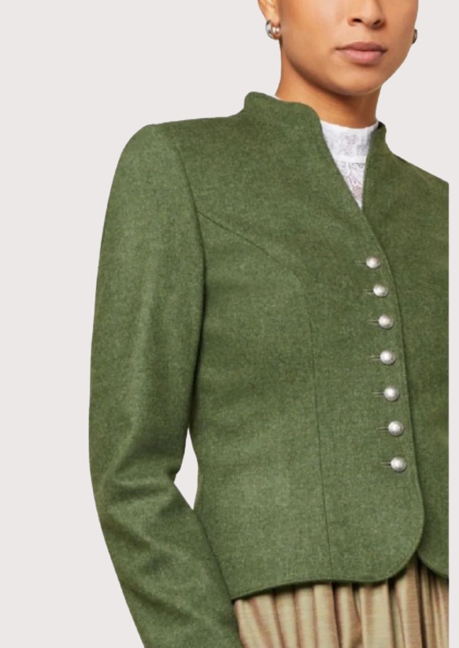 Olive green women’s Bavarian jacket featuring tailored fit and traditional German styling.