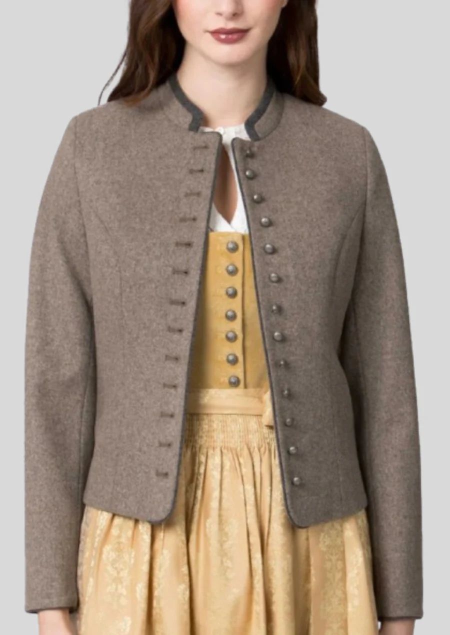 Elegant women’s Bavarian jacket in taupe featuring tailored silhouette and traditional German styling.