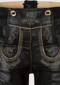Women’s Bavarian black lederhosen shorts with classic folk embroidery accents