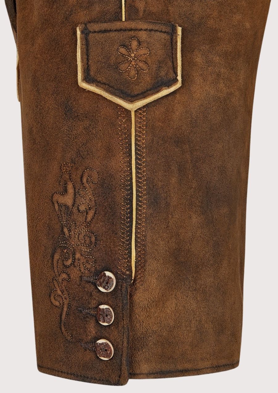 Women’s Bavarian lederhosen shorts featuring traditional leather design and front flap