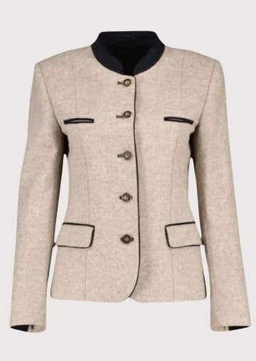 Women's beige wool Trachten jacket with navy trim, stand-up collar, decorative horn-style buttons, tailored Bavarian jacket, authentic German Alpine fashion.