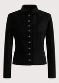 Womens Black Alpine Wool Jacket  with stand collar, decorative antique metal buttons, tailored fit, and Bavarian craftsmanship.