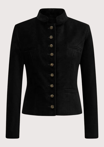 Womens Black Alpine Wool Jacket  with stand collar, decorative antique metal buttons, tailored fit, and Bavarian craftsmanship.